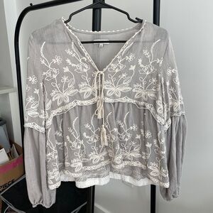 Moon River Gray Floral Embroidered Blouse